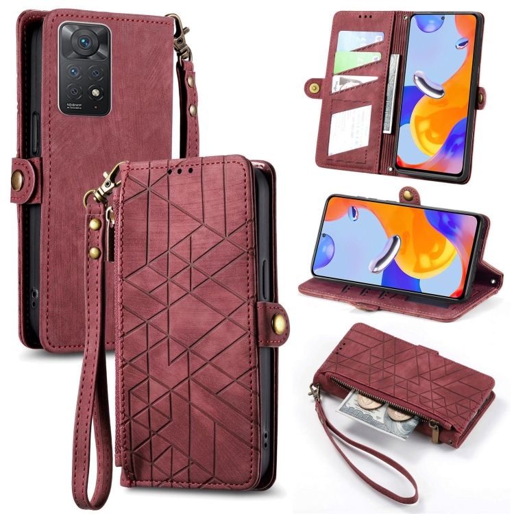 

For Redmi Note 11 Pro 4G Geometric Zipper Wallet Side Buckle Leather Phone Case(Red)