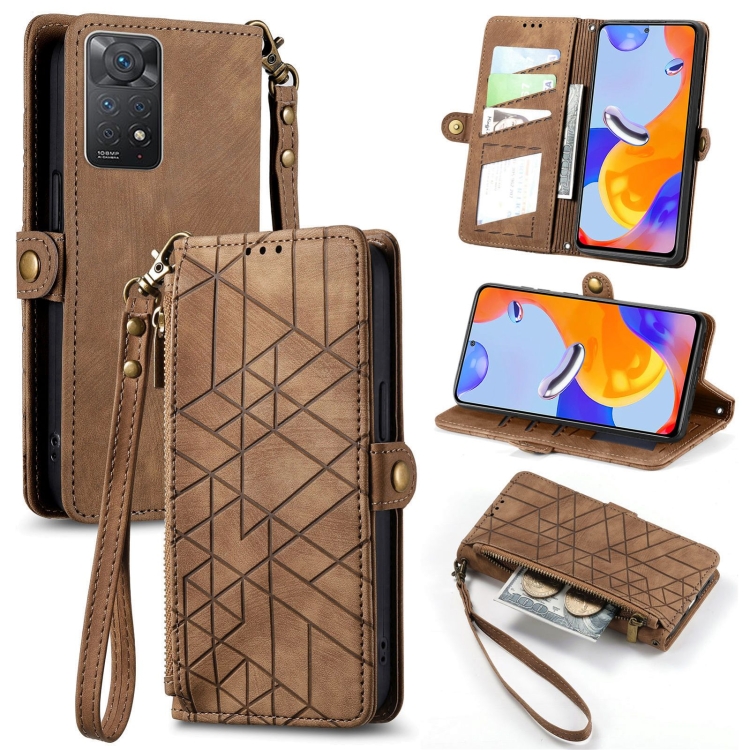 

For Redmi Note 11 Pro 4G Geometric Zipper Wallet Side Buckle Leather Phone Case(Brown)