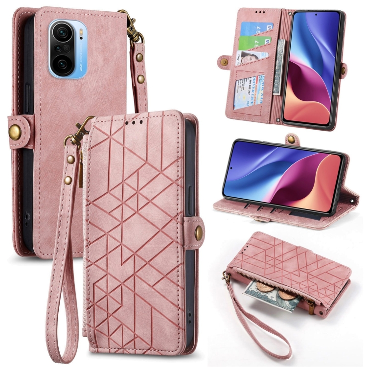 

For Xiaomi Redmi K40 Geometric Zipper Wallet Side Buckle Leather Phone Case(Pink)
