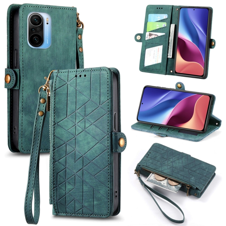 

For Xiaomi Redmi K40 Geometric Zipper Wallet Side Buckle Leather Phone Case(Green)