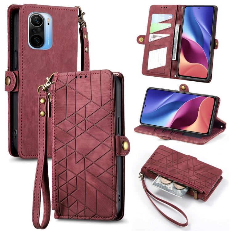 

For Xiaomi Redmi K40 Geometric Zipper Wallet Side Buckle Leather Phone Case(Red)