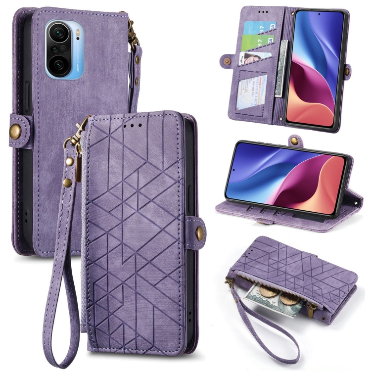 

For Xiaomi Redmi K40 Geometric Zipper Wallet Side Buckle Leather Phone Case(Purple)