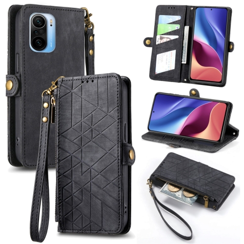 

For Xiaomi Redmi K40 Geometric Zipper Wallet Side Buckle Leather Phone Case(Black)