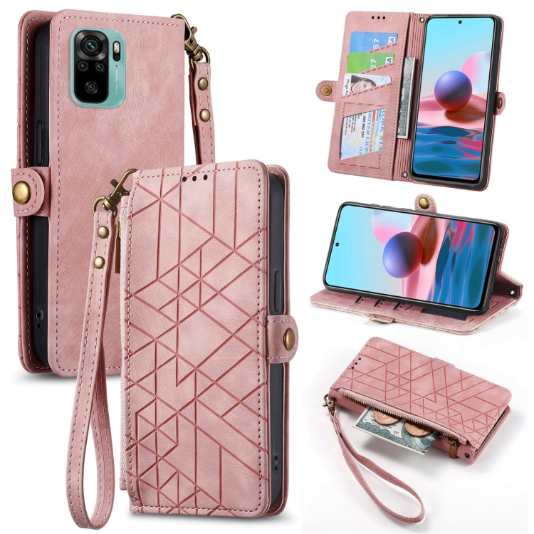 

For Xiaomi Redmi Note 10 4G Geometric Zipper Wallet Side Buckle Leather Phone Case(Pink)