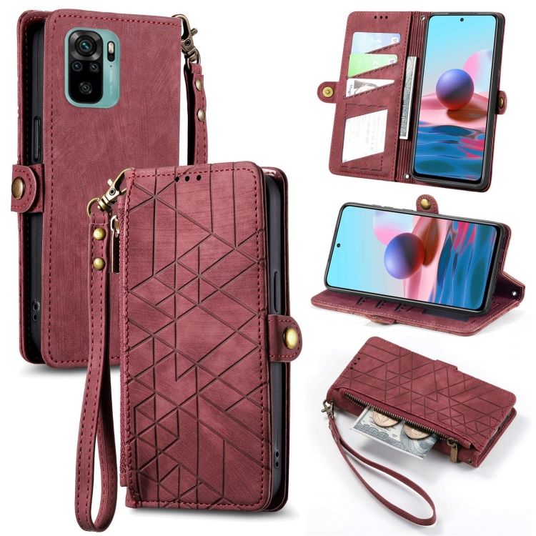 

For Xiaomi Redmi Note 10 4G Geometric Zipper Wallet Side Buckle Leather Phone Case(Red)