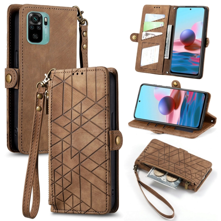 

For Xiaomi Redmi Note 10 4G Geometric Zipper Wallet Side Buckle Leather Phone Case(Brown)