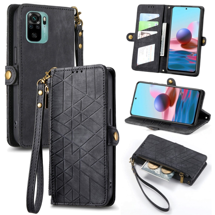

For Xiaomi Redmi Note 10 4G Geometric Zipper Wallet Side Buckle Leather Phone Case(Black)