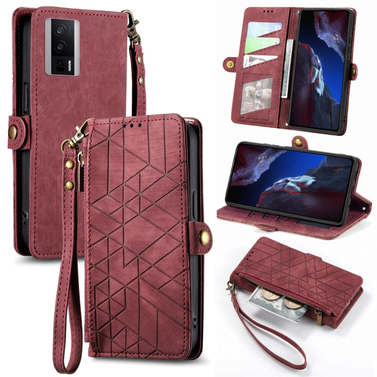 

For Xiaomi F5 Pro 5G Geometric Zipper Wallet Side Buckle Leather Phone Case(Red)