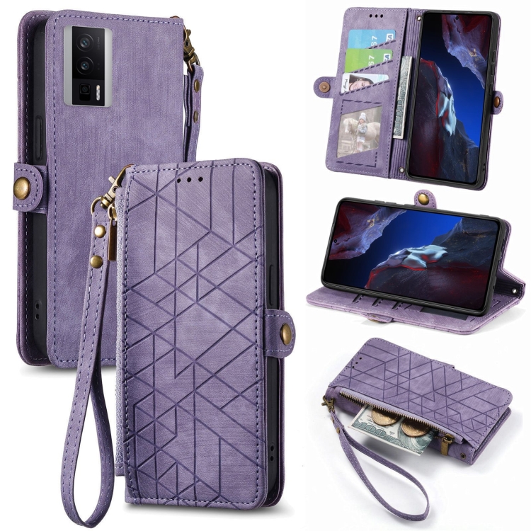 

For Xiaomi F5 Pro 5G Geometric Zipper Wallet Side Buckle Leather Phone Case(Purple)