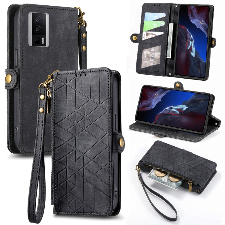 

For Xiaomi F5 Pro 5G Geometric Zipper Wallet Side Buckle Leather Phone Case(Black)