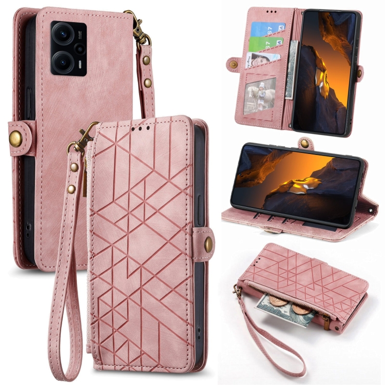 

For Xiaomi F5 5G Geometric Zipper Wallet Side Buckle Leather Phone Case(Pink)
