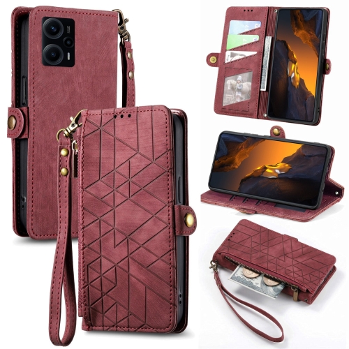 

For Xiaomi F5 5G Geometric Zipper Wallet Side Buckle Leather Phone Case(Red)