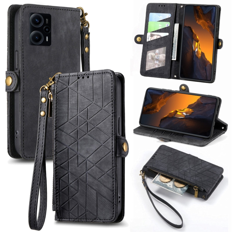 

For Xiaomi F5 5G Geometric Zipper Wallet Side Buckle Leather Phone Case(Black)