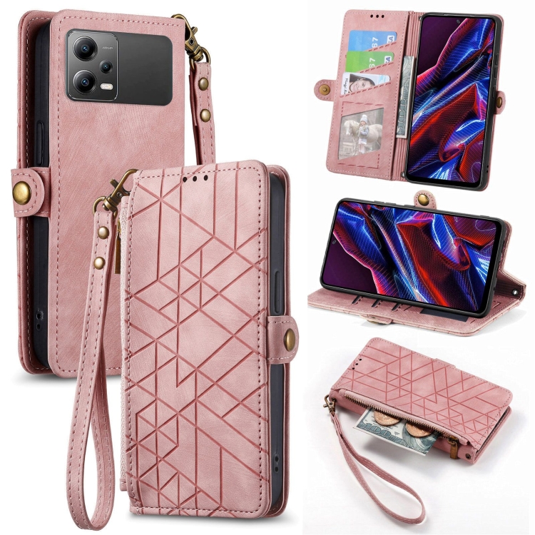

For Xiaomi Poco X5 Geometric Zipper Wallet Side Buckle Leather Phone Case(Pink)