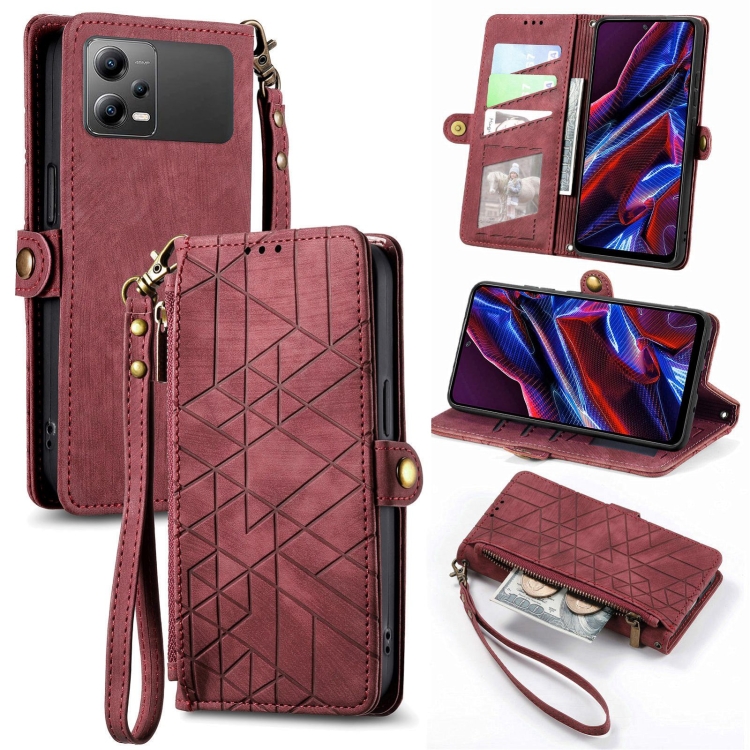 

For Xiaomi Poco X5 Geometric Zipper Wallet Side Buckle Leather Phone Case(Red)