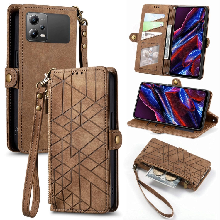

For Xiaomi Poco X5 Geometric Zipper Wallet Side Buckle Leather Phone Case(Brown)