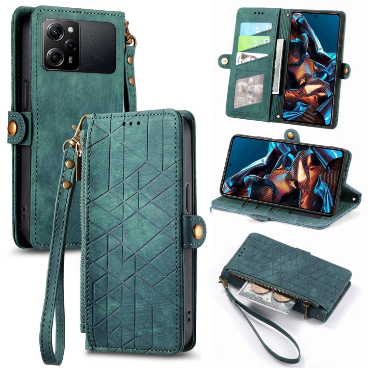 

For Xiaomi Poco X5 Pro Geometric Zipper Wallet Side Buckle Leather Phone Case(Green)