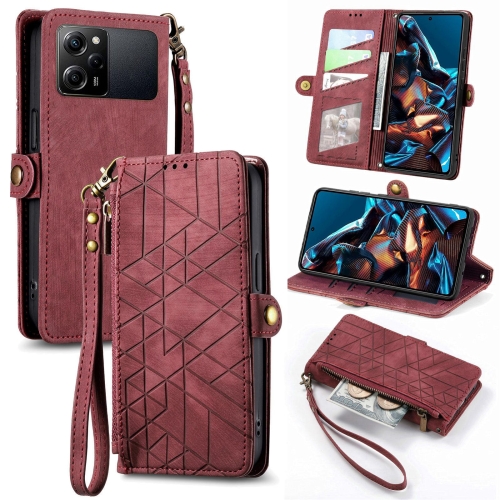 

For Xiaomi Poco X5 Pro Geometric Zipper Wallet Side Buckle Leather Phone Case(Red)