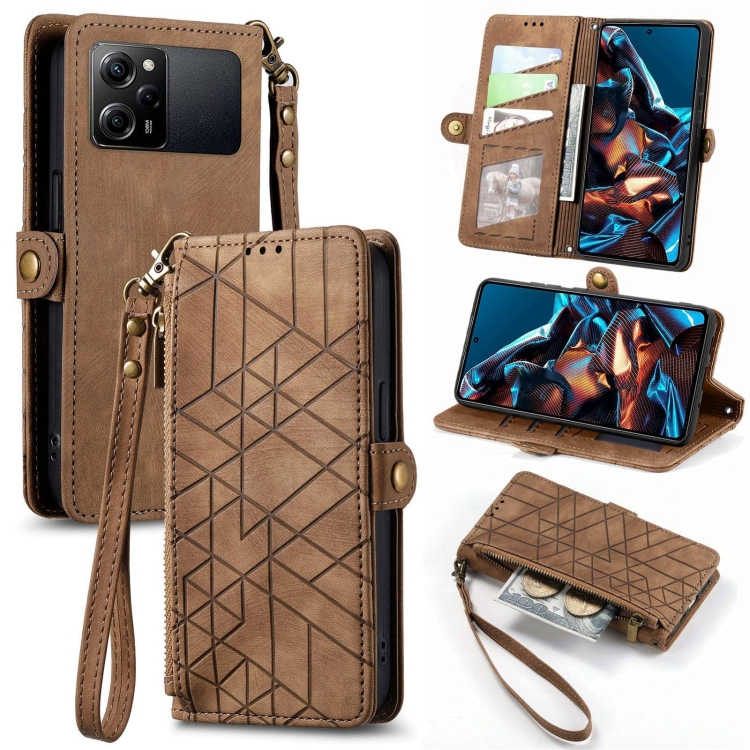 

For Xiaomi Poco X5 Pro Geometric Zipper Wallet Side Buckle Leather Phone Case(Brown)