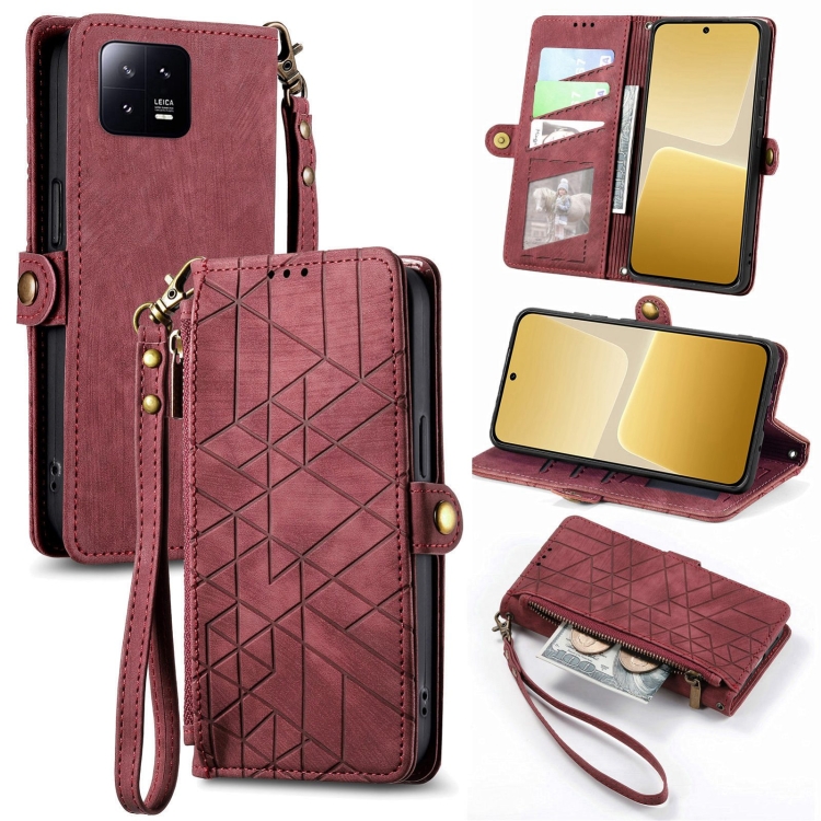 

For Xiaomi 13 Geometric Zipper Wallet Side Buckle Leather Phone Case(Red)