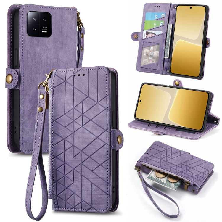 

For Xiaomi 13 Geometric Zipper Wallet Side Buckle Leather Phone Case(Purple)