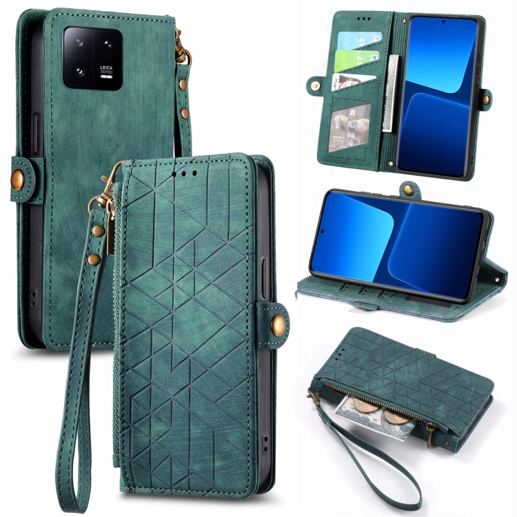 

For Xiaomi 13 Pro Geometric Zipper Wallet Side Buckle Leather Phone Case(Green)