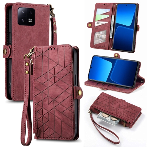 

For Xiaomi 13 Pro Geometric Zipper Wallet Side Buckle Leather Phone Case(Red)