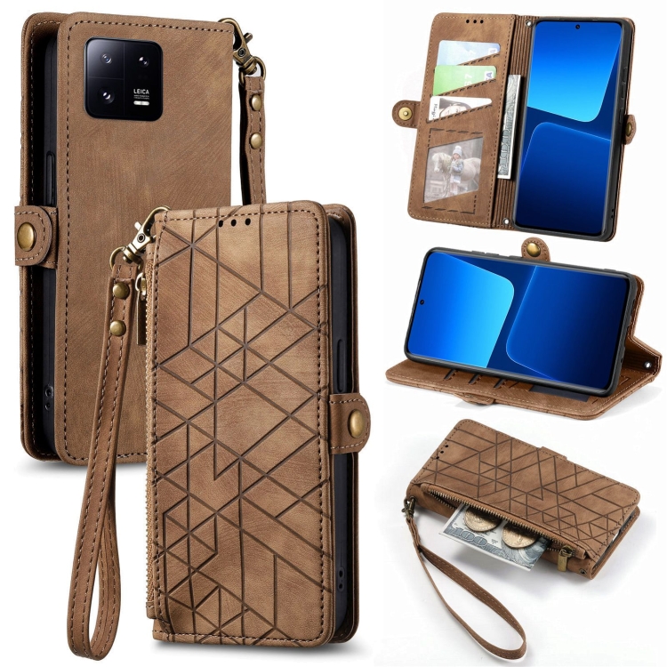 

For Xiaomi 13 Pro Geometric Zipper Wallet Side Buckle Leather Phone Case(Brown)