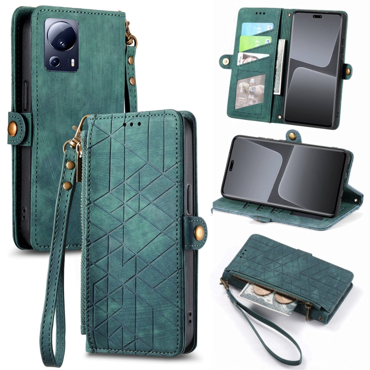 

For Xiaomi 13 Lite Geometric Zipper Wallet Side Buckle Leather Phone Case(Green)