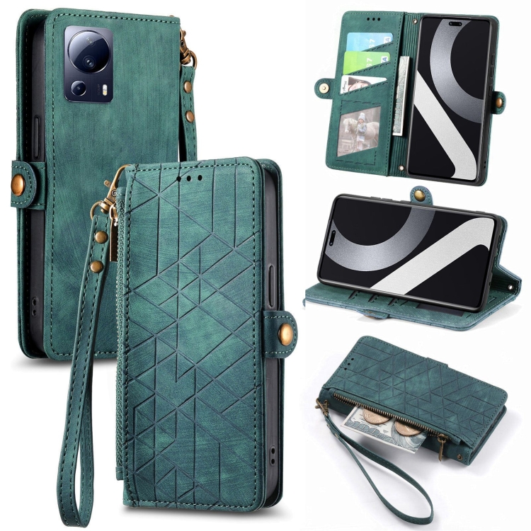 

For Xiaomi Civi 2 Geometric Zipper Wallet Side Buckle Leather Phone Case(Green)