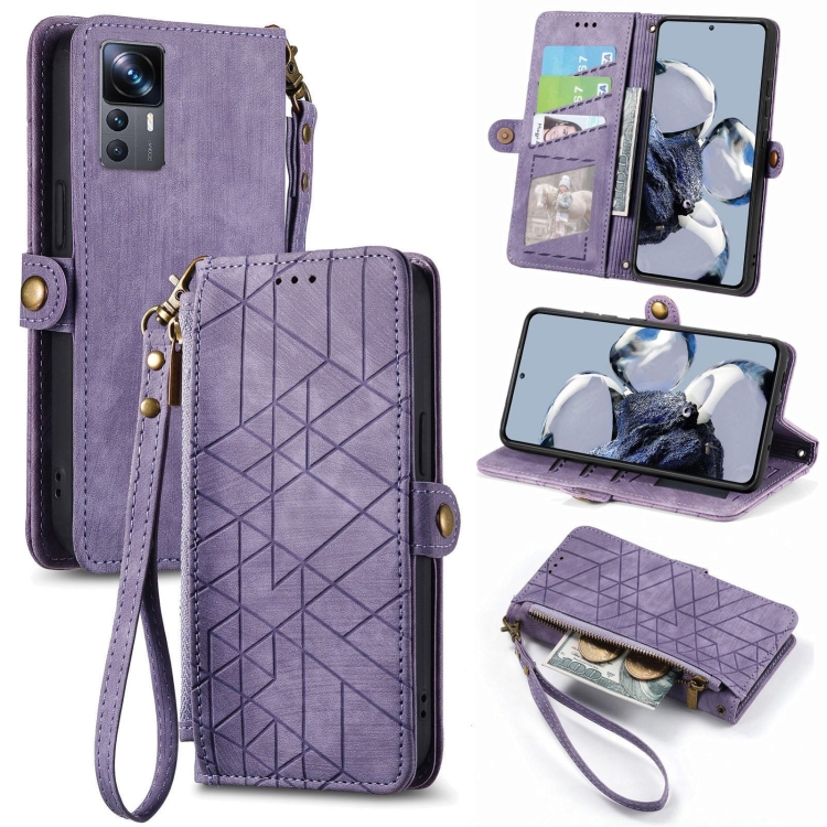 

For Xiaomi 12T / 12T Pro Geometric Zipper Wallet Side Buckle Leather Phone Case(Purple)