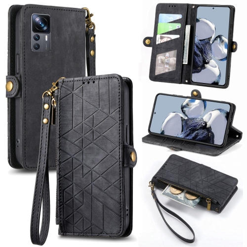 

For Xiaomi 12T / 12T Pro Geometric Zipper Wallet Side Buckle Leather Phone Case(Black)