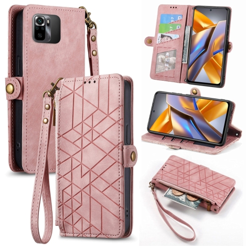 

For Xiaomi Poco M5s 4G Geometric Zipper Wallet Side Buckle Leather Phone Case(Pink)