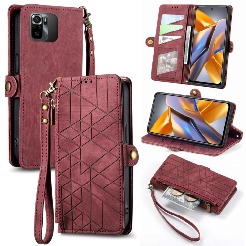 

For Xiaomi Poco M5s 4G Geometric Zipper Wallet Side Buckle Leather Phone Case(Red)