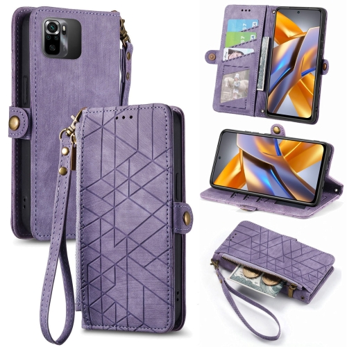 

For Xiaomi Poco M5s 4G Geometric Zipper Wallet Side Buckle Leather Phone Case(Purple)