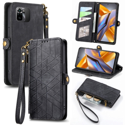 

For Xiaomi Poco M5s 4G Geometric Zipper Wallet Side Buckle Leather Phone Case(Black)