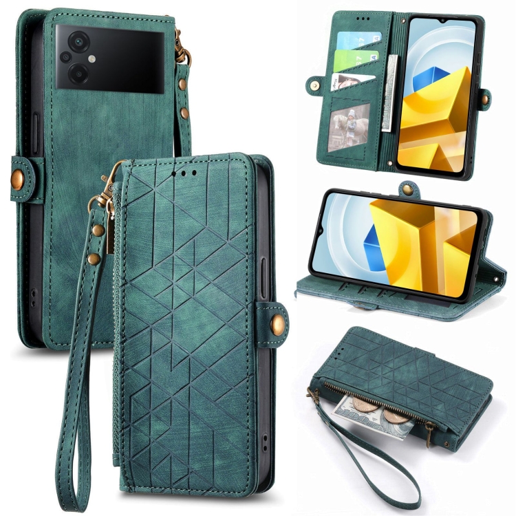 

For Xiaomi Poco M5 4G Geometric Zipper Wallet Side Buckle Leather Phone Case(Green)