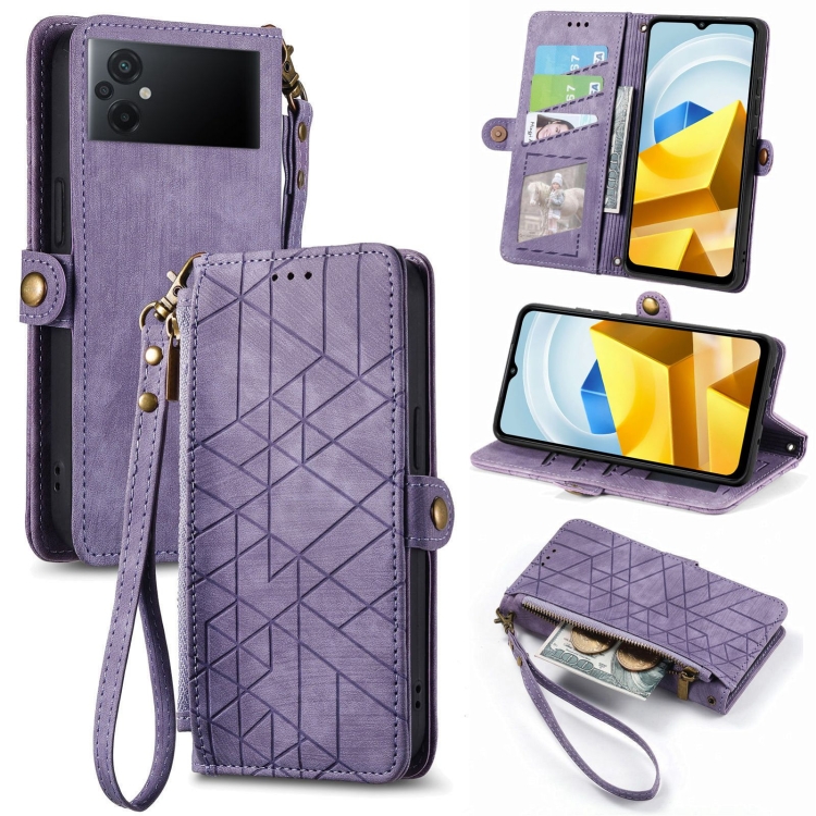 

For Xiaomi Poco M5 4G Geometric Zipper Wallet Side Buckle Leather Phone Case(Purple)