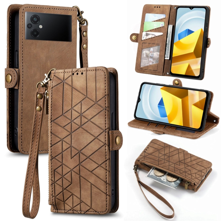 

For Xiaomi Poco M5 4G Geometric Zipper Wallet Side Buckle Leather Phone Case(Brown)