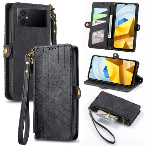 

For Xiaomi Poco M5 4G Geometric Zipper Wallet Side Buckle Leather Phone Case(Black)