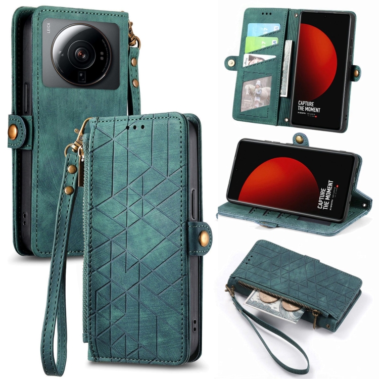 

For Xiaomi 12S Ultra Geometric Zipper Wallet Side Buckle Leather Phone Case(Green)