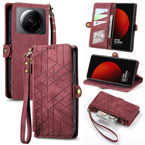 

For Xiaomi 12S Ultra Geometric Zipper Wallet Side Buckle Leather Phone Case(Red)