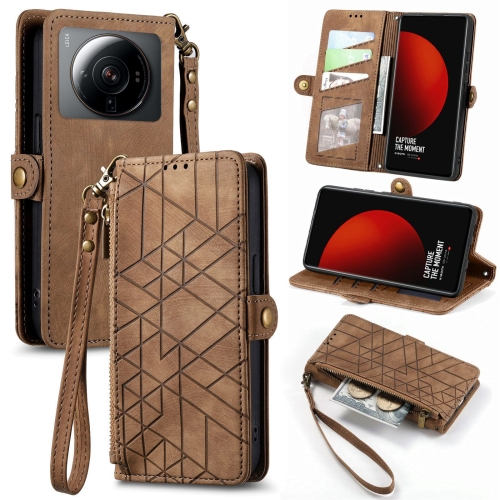 

For Xiaomi 12S Ultra Geometric Zipper Wallet Side Buckle Leather Phone Case(Brown)
