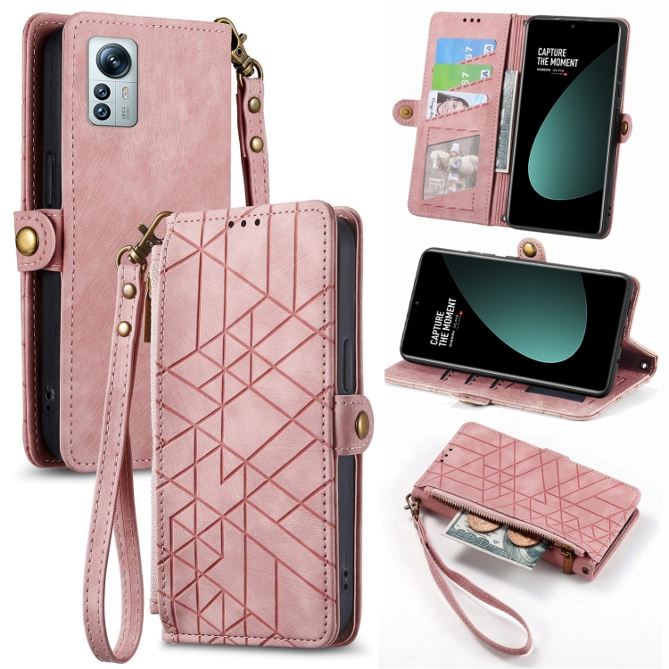 

For Xiaomi 12S Pro Geometric Zipper Wallet Side Buckle Leather Phone Case(Pink)