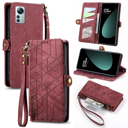 

For Xiaomi 12S Pro Geometric Zipper Wallet Side Buckle Leather Phone Case(Red)