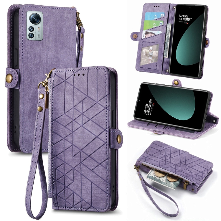 

For Xiaomi 12S Pro Geometric Zipper Wallet Side Buckle Leather Phone Case(Purple)