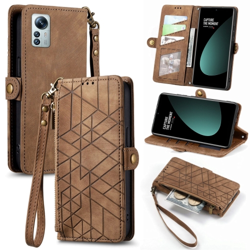 

For Xiaomi 12S Pro Geometric Zipper Wallet Side Buckle Leather Phone Case(Brown)