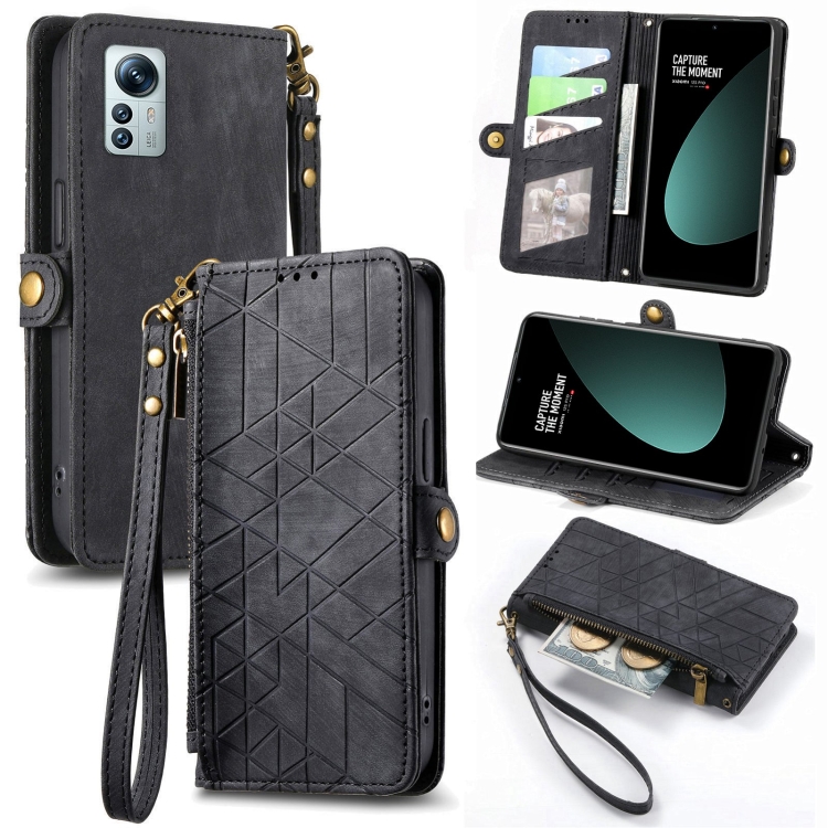

For Xiaomi 12S Pro Geometric Zipper Wallet Side Buckle Leather Phone Case(Black)