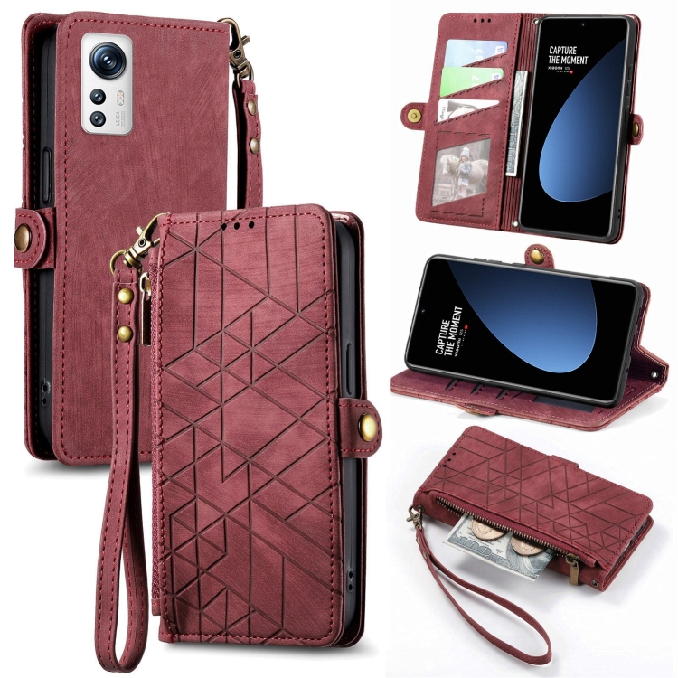 

For Xiaomi 12S Geometric Zipper Wallet Side Buckle Leather Phone Case(Red)