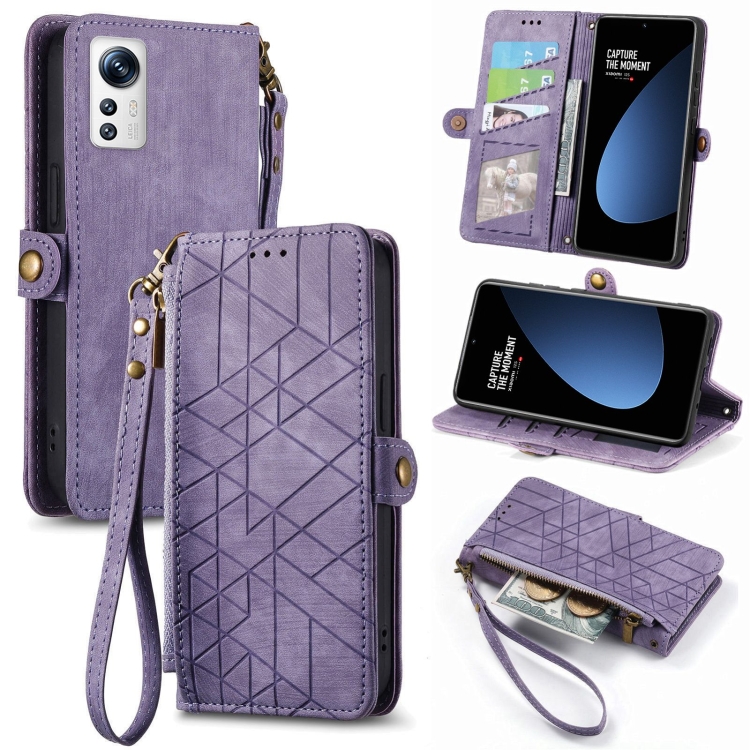 

For Xiaomi 12S Geometric Zipper Wallet Side Buckle Leather Phone Case(Purple)